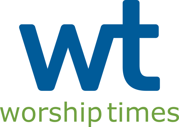 The logo for Worship Times, a website company for ministries. A blue WT on top with the title Worship Times in green below
